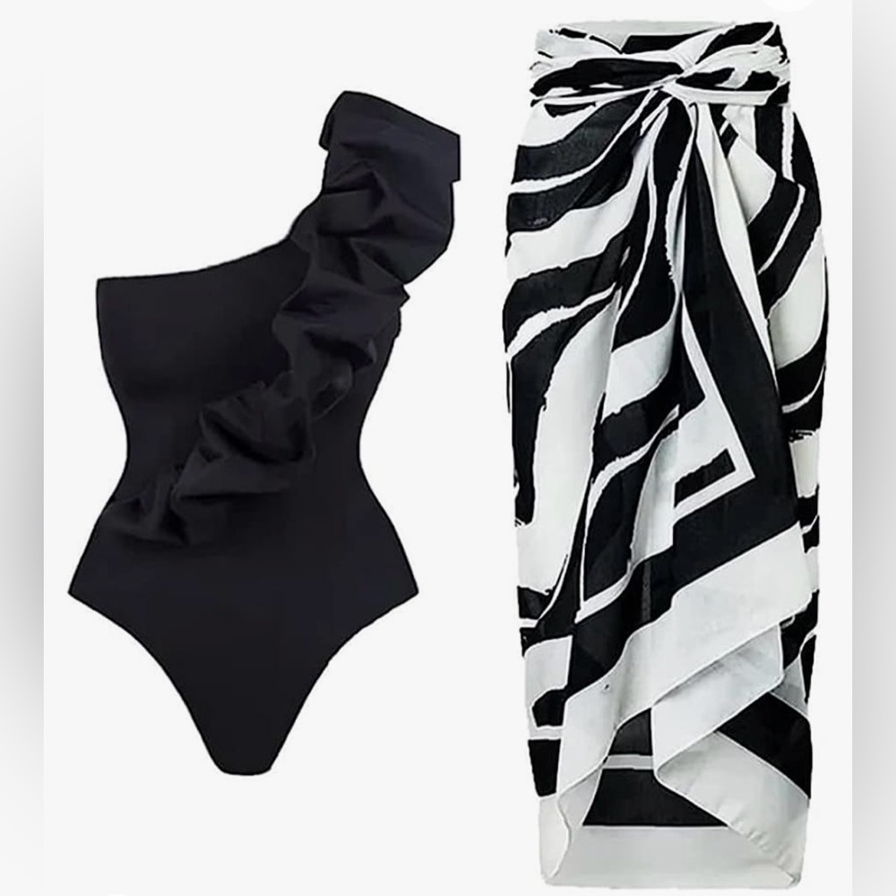 Brand New Black Ruffled One Piece Swimsuit with Matching Cover Up Wrap Skirt